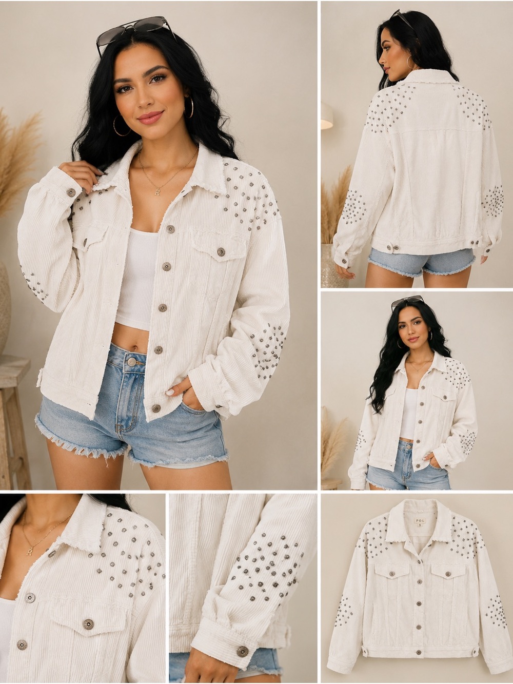 POL White Studded Corduroy Jacket | Distressed Oversized Shacket | Small